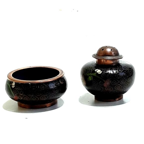 Chinese Cloisonne Open Salt & Pepper Vintage Enamel Brass Floral Black Rose Blue - Picture 3 of 8
